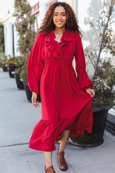 Beautiful You Holiday Red Overlap Ruffle V Neck Midi Dress