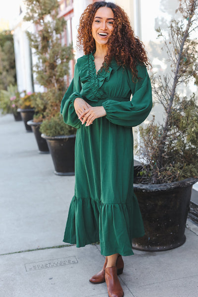 Beautiful You Holiday Green Overlap Ruffle V Neck Midi Dress