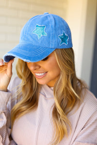 Blue Glitter Star Distressed Baseball Cap