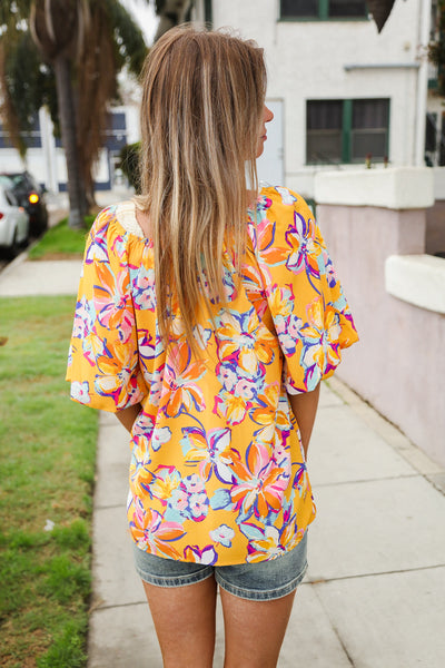 Give Joy Yellow Tropical Floral Print Elastic Elbow-Length Sleeve Blouse