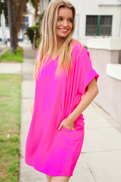 Casual Chic Fuchsia Woven Notched V Neck Dolman Sleeve Frock