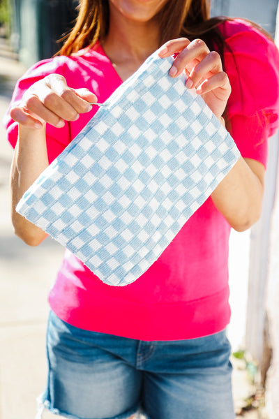 Blue & White Checker Cloth/Knit Travel Bag