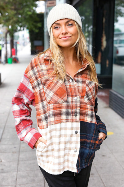 Catch Glances Muticolor Plaid Color Block Snap Button Shacket