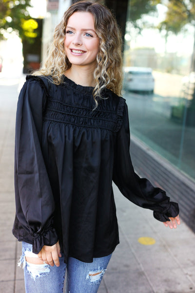 Be Your Best Black Satin Shirred Yoke Frilled Mock Neck Top