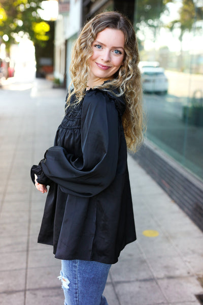 Be Your Best Black Satin Shirred Yoke Frilled Mock Neck Top