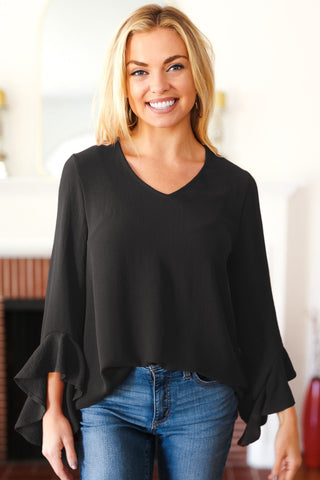 Falling In Love Black Hi-Lo Ruffle Sleeve Woven Top