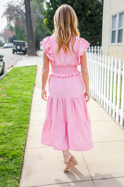 Hello Beautiful Pink Double Flutter Sleeve Smocked Waist Maxi Dress