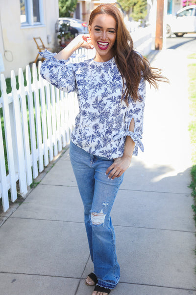 Vintage Chic Navy & Ivory Three-Quarter Bow Sleeve Contrast Stripe Blouse