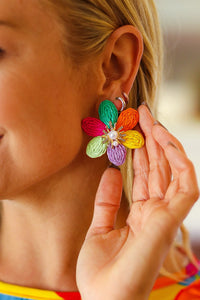 Multicolor Woven Pearl & Rhinestone Flower Earrings