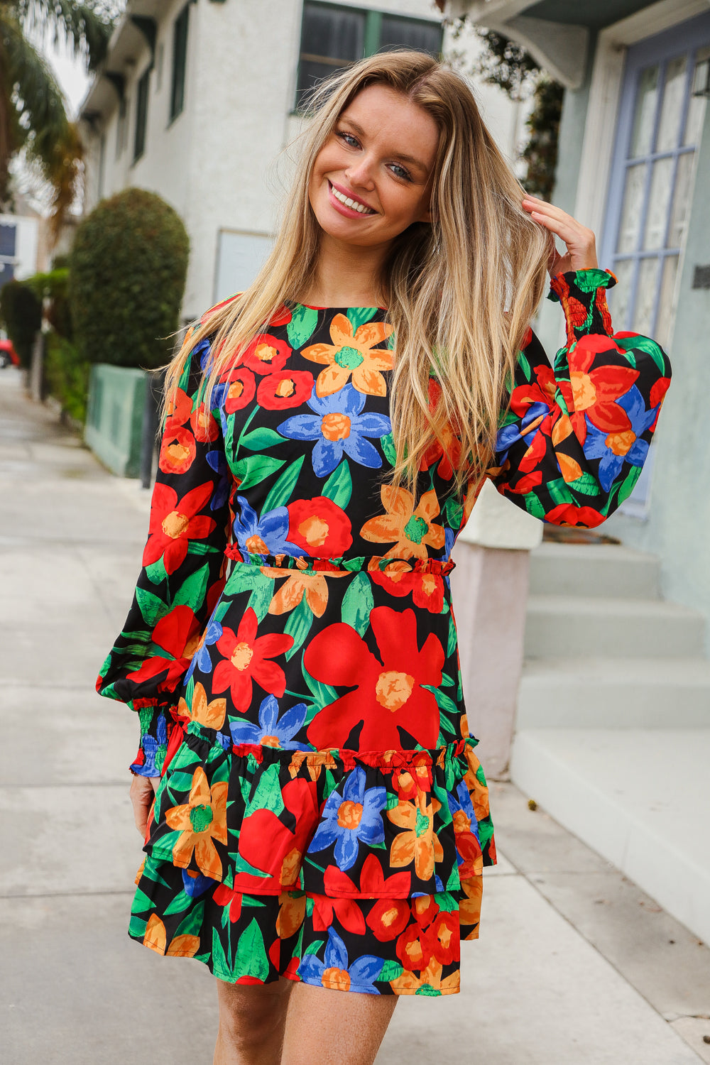 Vibrant Vibes Multicolor Big Floral Ruffle Frill Lined Dress