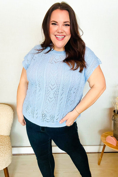 The Perfect Find Sky Blue Dolman Short Sleeve Crochet Sweater Top