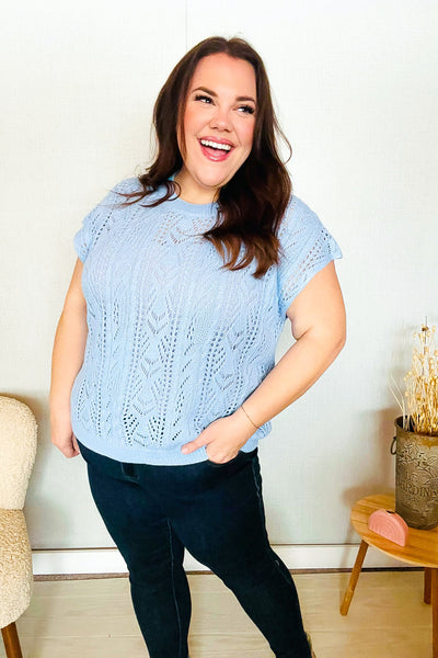 The Perfect Find Sky Blue Dolman Short Sleeve Crochet Sweater Top