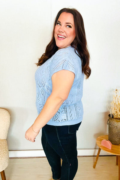 The Perfect Find Sky Blue Dolman Short Sleeve Crochet Sweater Top