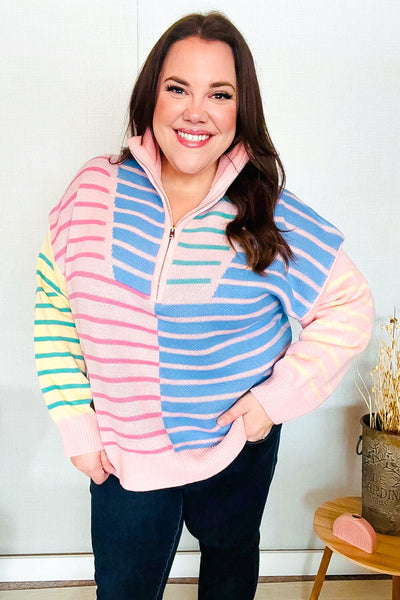 Perfectly Poised Blush & Blue Stripe Half Zip Up Oversized Sweater