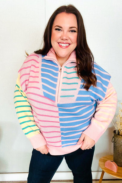 Perfectly Poised Blush & Blue Stripe Half Zip Up Oversized Sweater