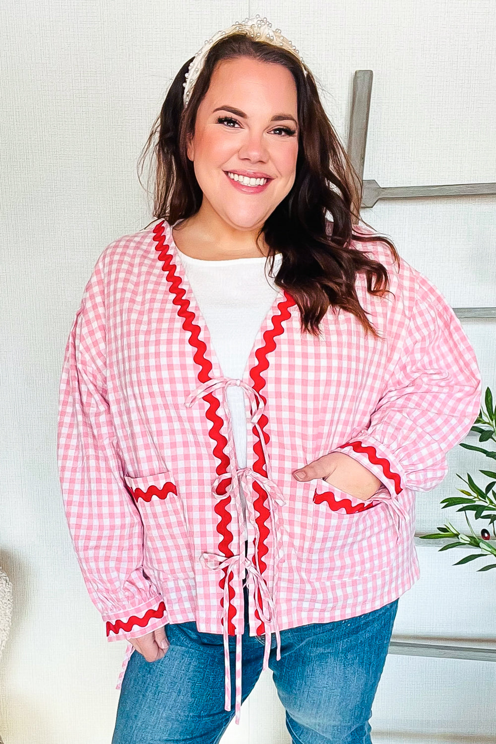 Spell Bound Red & Pink Cotton Ribbon Tie Gingham Pocket Jacket