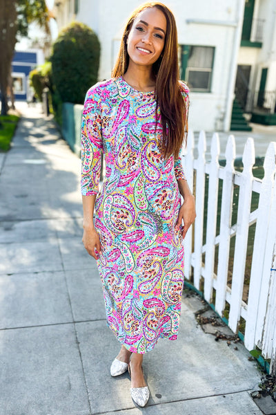 Follow Me Round Neck Paisley Print Pocketed Midi Dress