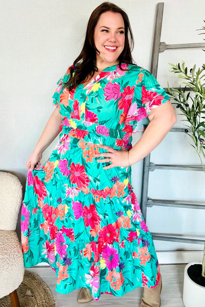 Hello Beautiful Multicolor Tropical Floral Smock Waist Maxi Dress