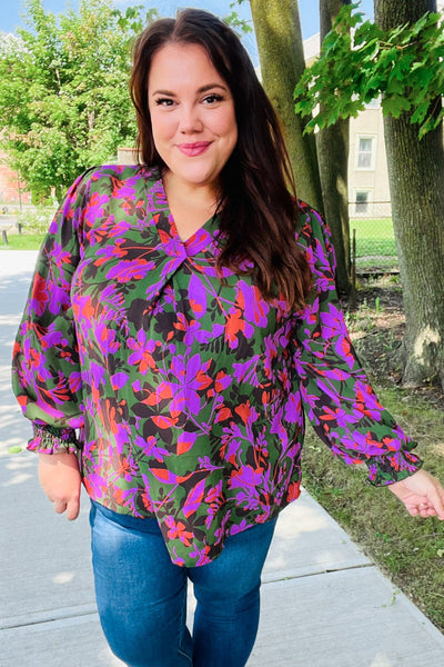 Eyes On You Forest Green Floral Smocked Bubble Sleeve V Neck Top