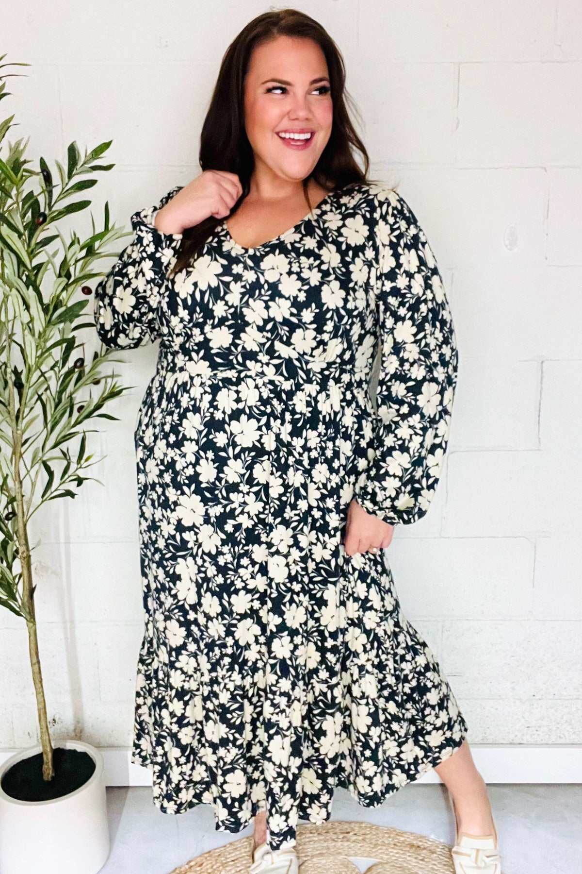 Autumn Vibes Charcoal Vintage Floral V Neck Ruffle Hem Midi Dress