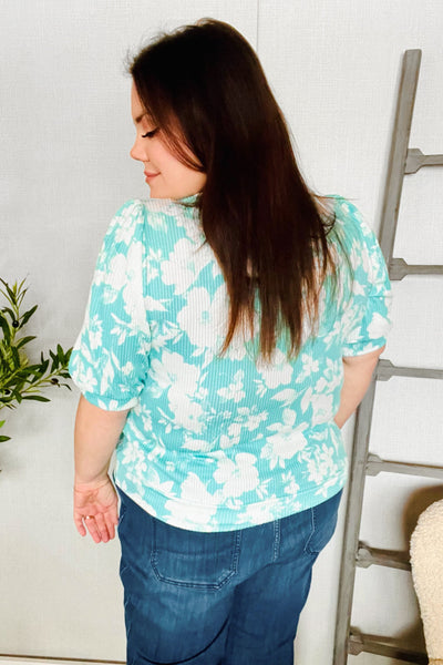 Spring Vibes Mint Wavy Rib Puff Short Sleeves Floral Top