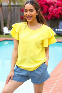 Lovely In Yellow Tiered Double Ruffle Sleeve Woven Top